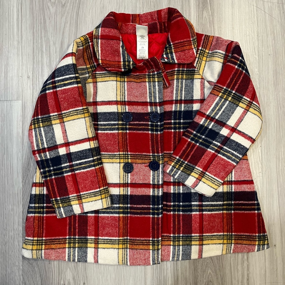 Little Me Red and Cream Plaid Pea Coat